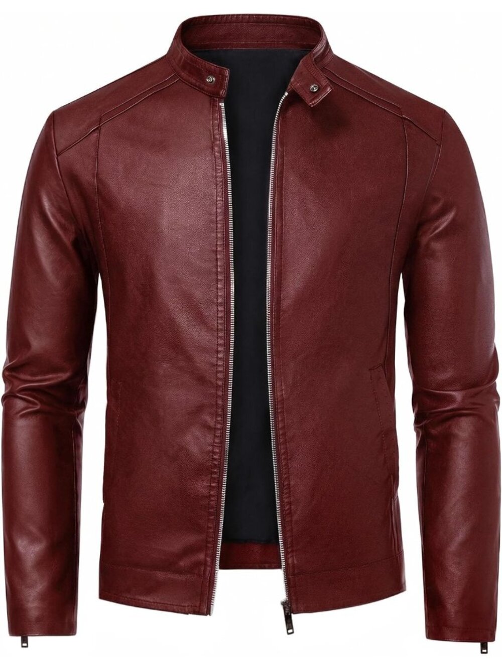 Men’s Wine Red Faux Leather Motorcycle Moto Biker Jacket Stand Collar Coat